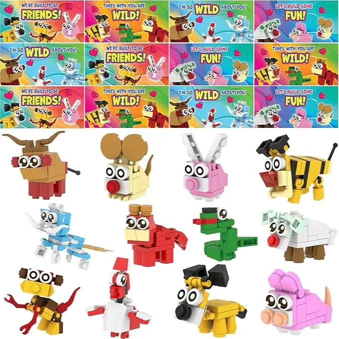 Building Blocks Animals Prefilled Hearts with Kids Valentines Cards 2026 Valentine Exchange Cards