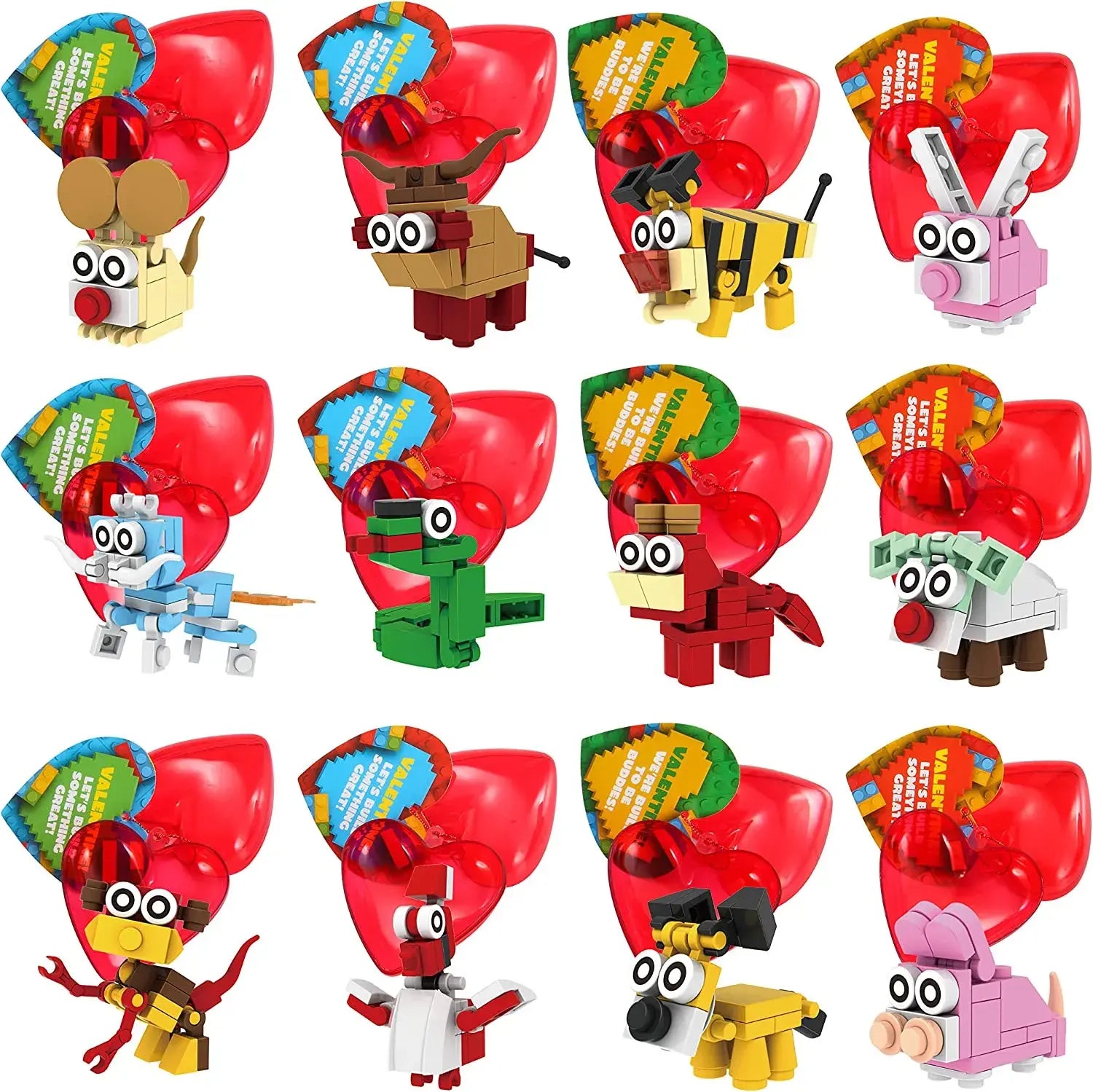 Building Blocks Animals Prefilled Hearts with Kids Valentines Cards 2026 Valentine Exchange Cards
