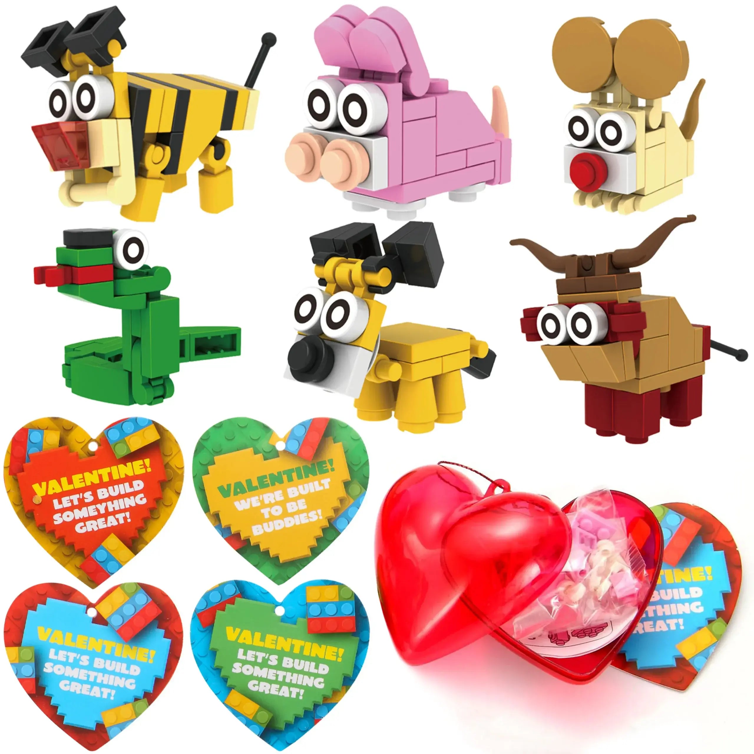 Building Blocks Animals Prefilled Hearts with Kids Valentines Cards 2026 Valentine Exchange Cards